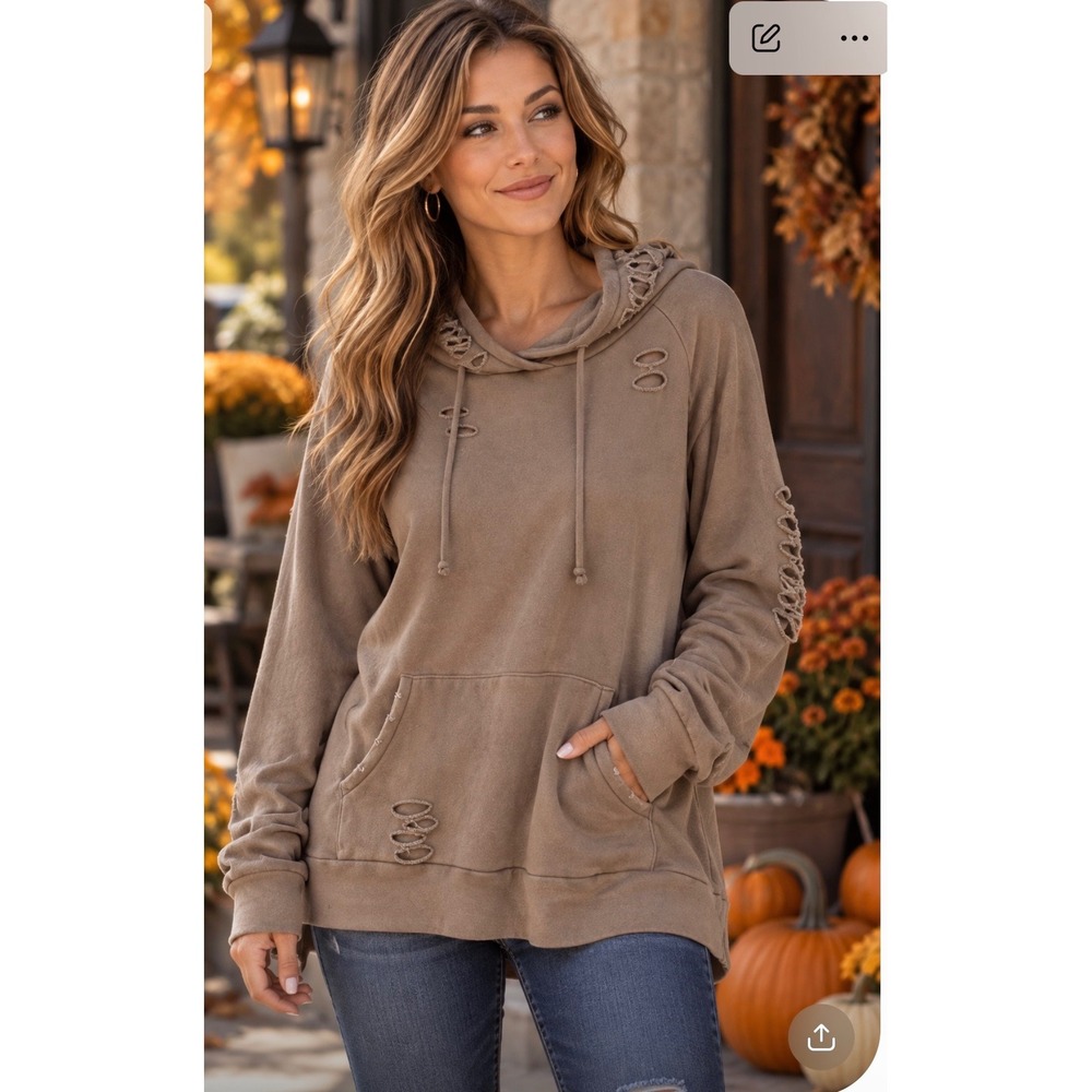Chelsea DeBoer by Lily & Lottie Distressed Hoodie XXL Taupe Oversized Grunge